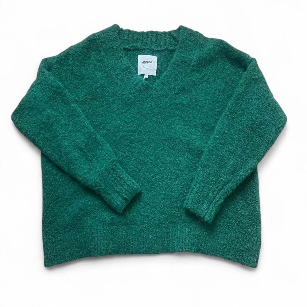 Aerie Green Fuzzy V-Neck Sweater